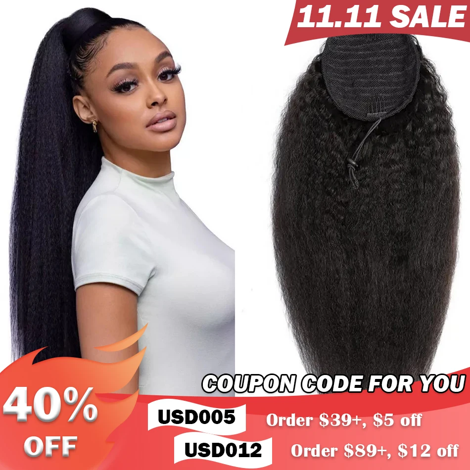 Human hair extensions Kinky Straight Wrap Around Drawstring Ponytail With Clips Yaki Straight #1B Clip In Virgin Hair Extensions