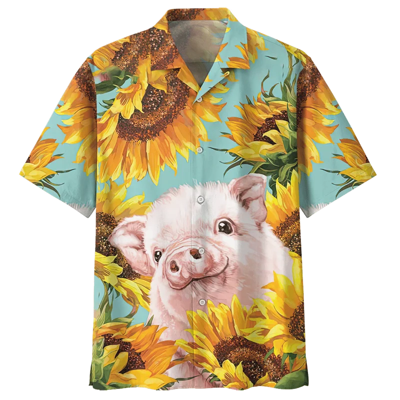 Cartoon Pig Pattern Hawaiian Shirt For Men 3D Printed Animals Short Sleeves Summer Lapel Oversized Shirts Street Button Blouses 4