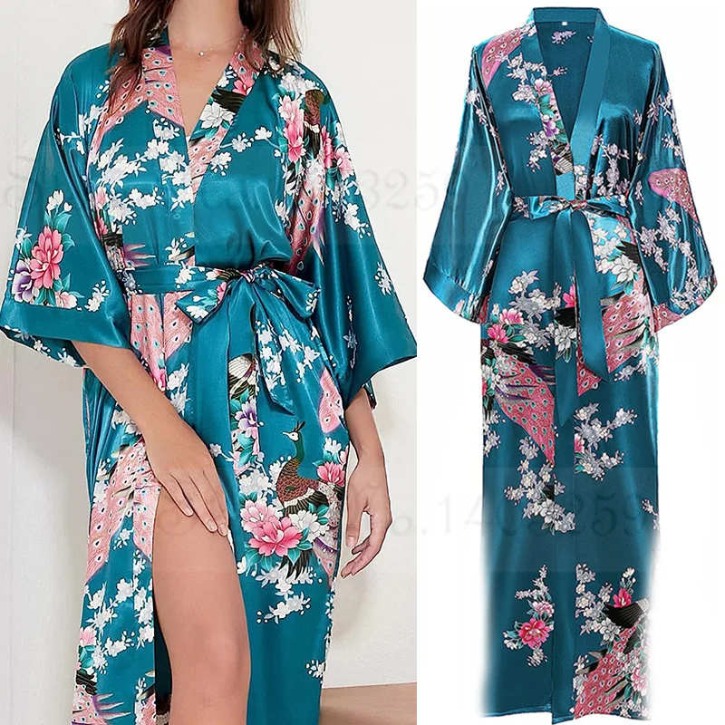 Large Size 3XL Flower Kimono Bathrobe Gown Women Long Robe Nightgown Print Peacock Satin Sleepwear Home Dress Loose Loungewear women sleepwear women dress