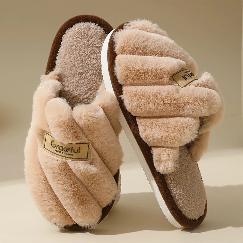Flat Heel Home Cotton Slippers Women Pink Soft Fluffy Warm Fur Slippers Woman Winter Light Closed Toe Living Room Shoes Female