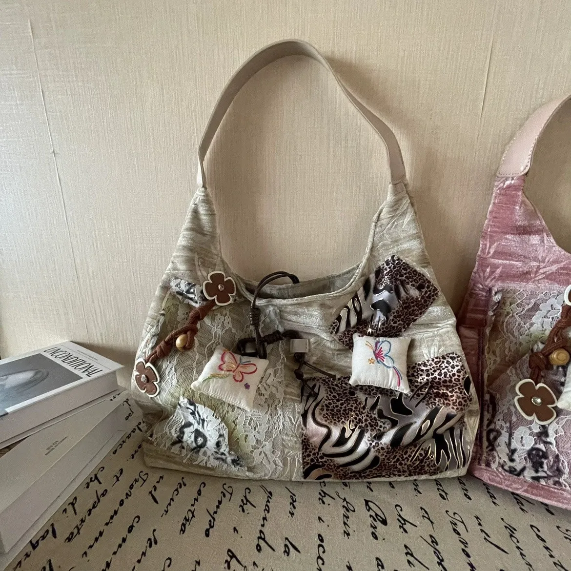 JIAERDI Harajuku Pink Large Capacity Tote Bag Purse Women Retro Chinese Style Lace Shoulder Bags Ladies Vintage Y2k Handbag 2025