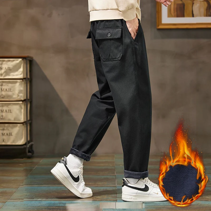 Men Casual Pants Fleece Warm Winter Velvet Loose Trousers Wear-resistant