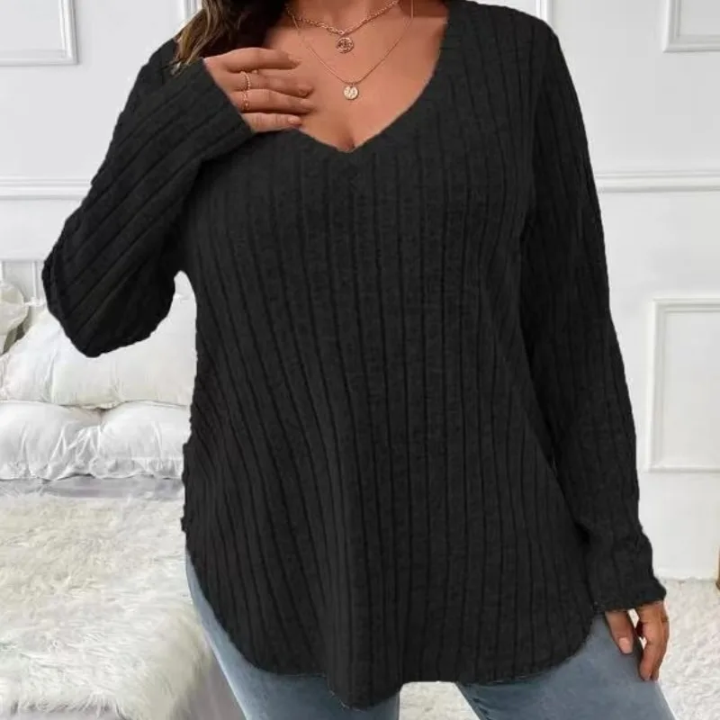 

Autumn and Winter Women's Pullover V-Neck Solid Large Vertical Stripe Long Sleeve T-shirt Sweater Knitted Bottom Loose Tops