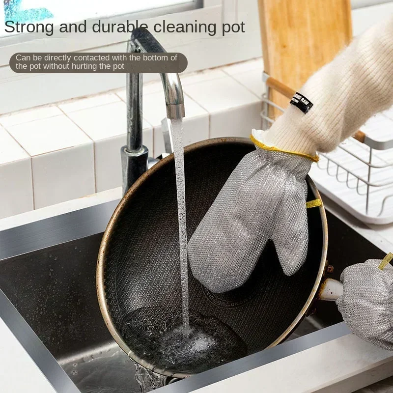 1 Pair Housework Cleaning Gloves Steel Wire Ball Dish Washing Gloves Kitchen Waterproof Brush Oil Bowl Artifact Cleaning Tools
