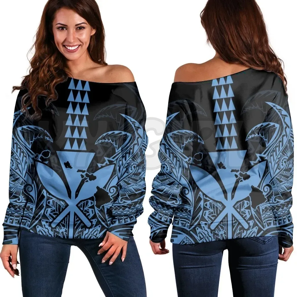 Hawaii Off Shoulder Sweater Kakau Warrior Helmet Gradient Blue Polynesian LT14 main image 0