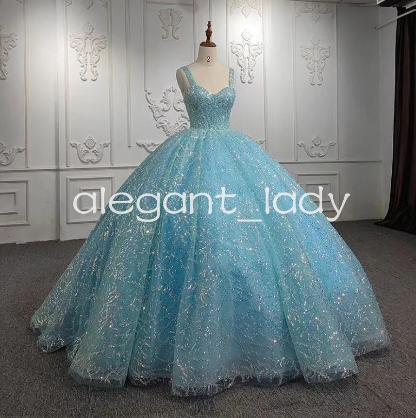 Himmelblaue Prinzessin Glitter Quince anera Kleider Schatz funkelnde Pailletten Applikation Korsett geschwollen süß 15 Vestidos de Gala