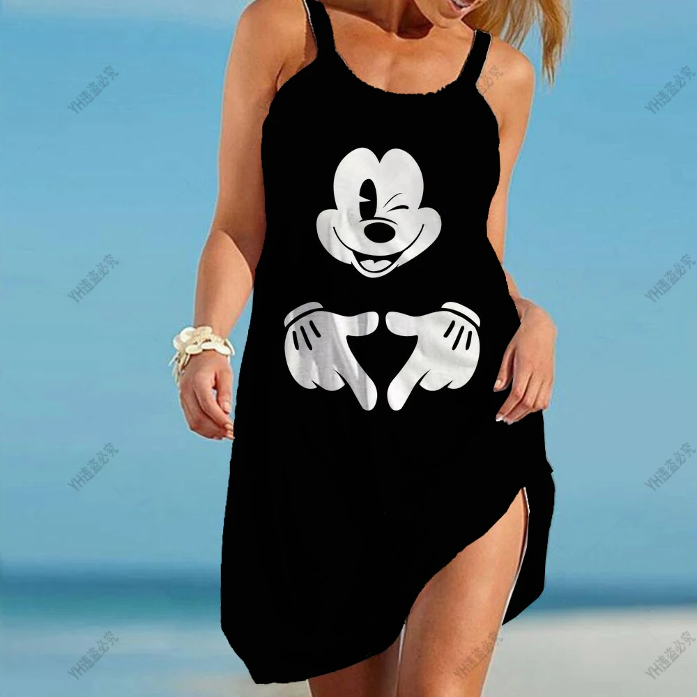 

Disney Summer Dresses Cartoon Print Sling Top Loose Sexy Minnie Mouse Boho Beach Print S-5XL Woman 2024 Sleeveless Women's Dress