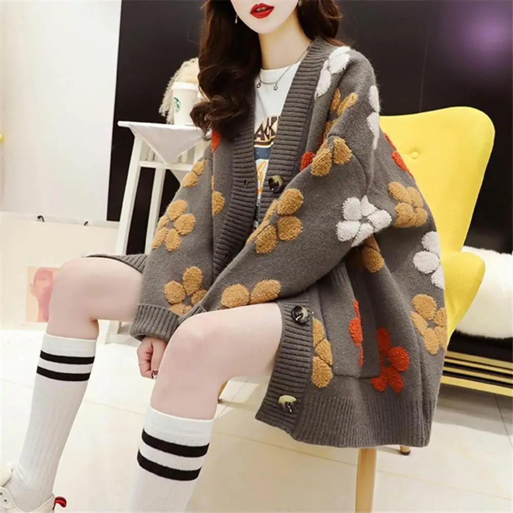 

Women Autumn Winter Cardigan Wool Sweater Coat Stylish Women's V-neck Jacquard Sweater Coat with Floral Design Long for Autumn
