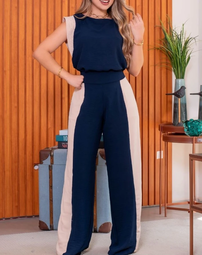 Two Piece Set Women Outfit 2024 Summer Colorblock Round Neck Short Sleeve Top & Casual High Waist Wide Leg Daily Pants Set