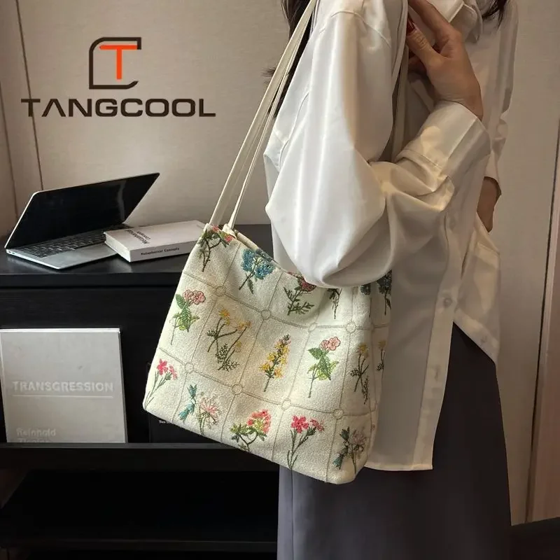 Bag for Women Embroidery Printed Tote Women Aesthetic New Fashion Large Capacity Canvas Bucket Bag Shoulder Crossbody Handbag