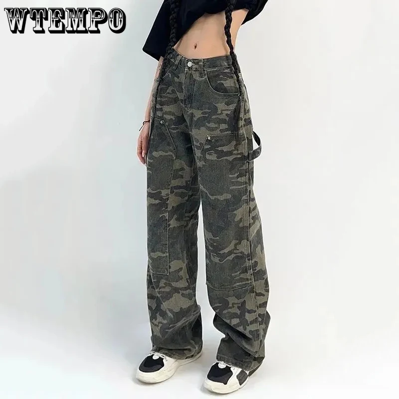 

WTEMPO Camouflage Cargo Pants Women Y2K New High Waist Jeans Streetwear American Retro Harajuku Denim Straight Wide Leg Trousers