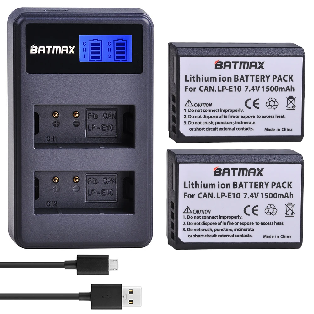 2 Batterie LP-E10 E Caricatore Doppio USB Per Canon EOS 1100D, 1200D, 1300D, Rebel T3/T5/T6