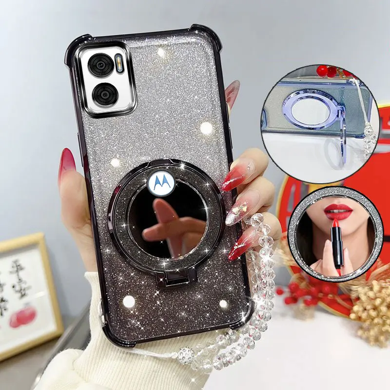 Glitter Shockproof Phone Case with Mirror Stand and Beaded Strap