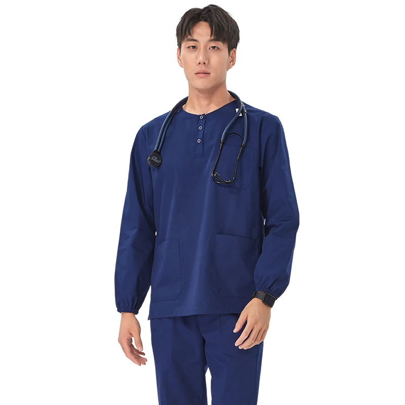 Durable Navy Crew-Neck Nursing Uniform - Breathable Polyester Cotton Blend