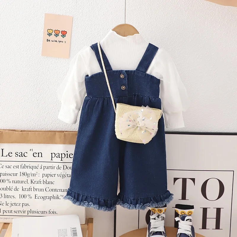 

Girls Clothes Sets Spring Autumn Children T-shirts Jumpsuit Jeans Pants Bag 3pcs Costume Suit For Baby Girl Outfits Kids 5 Years