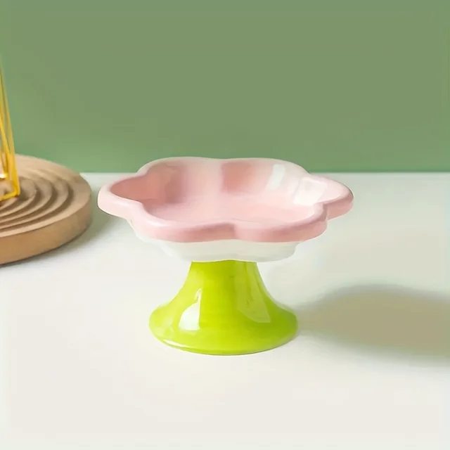 Pet Bowl Ceramic Flower Design Cat Food Bowl High Foot Water Plate Snack Dish with Stand for Neck Protection Drinking Water 6