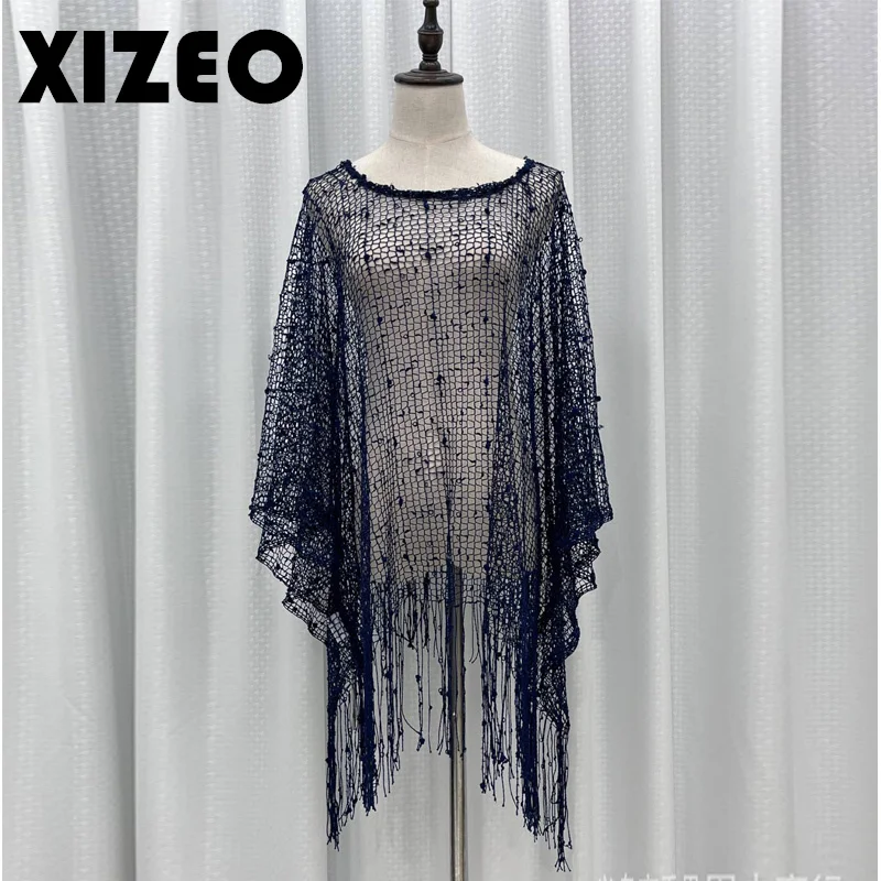 XIZEO 2023 Sexy Fringe Tassel Mesh Sheer Shiny Knitted Tunic Beach Cover Up Cover-ups Beach Dress Beach Wear Beachwear Female