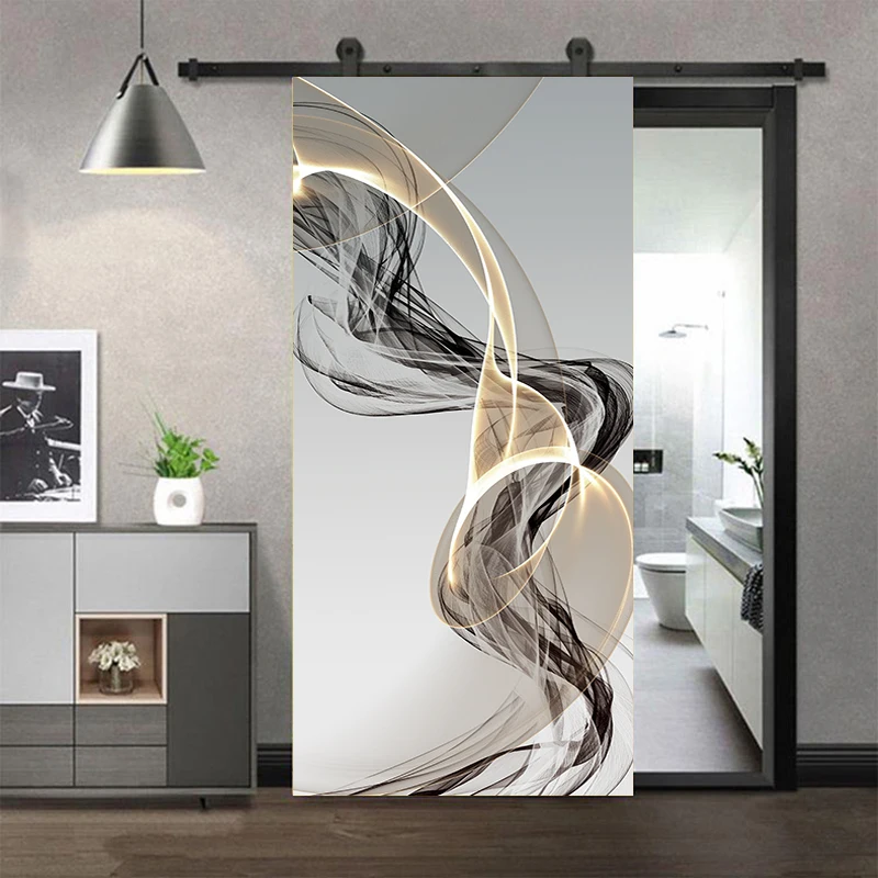 Door Wallpaper Stickers Light Luxury Abstract Line Wall Art Mural 3D Vinyl PVC Whole Door Wrap Cover