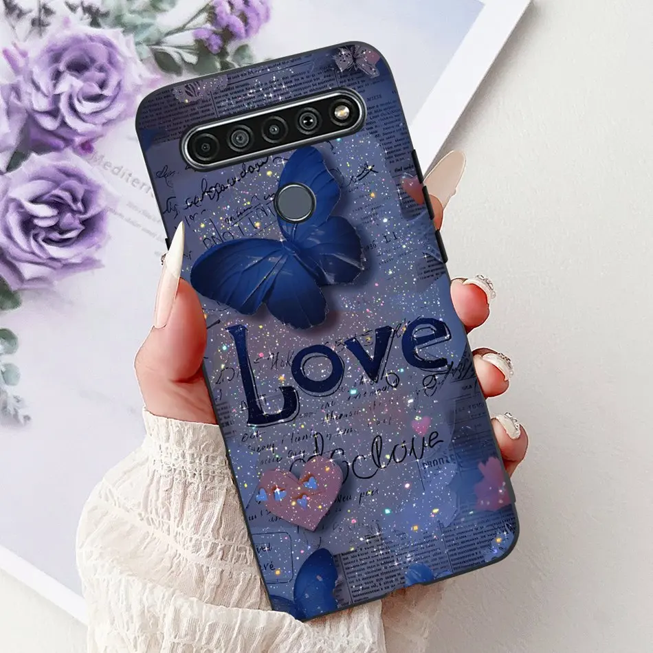 Elegant Floral Cat Printed Black Silicone Phone Case