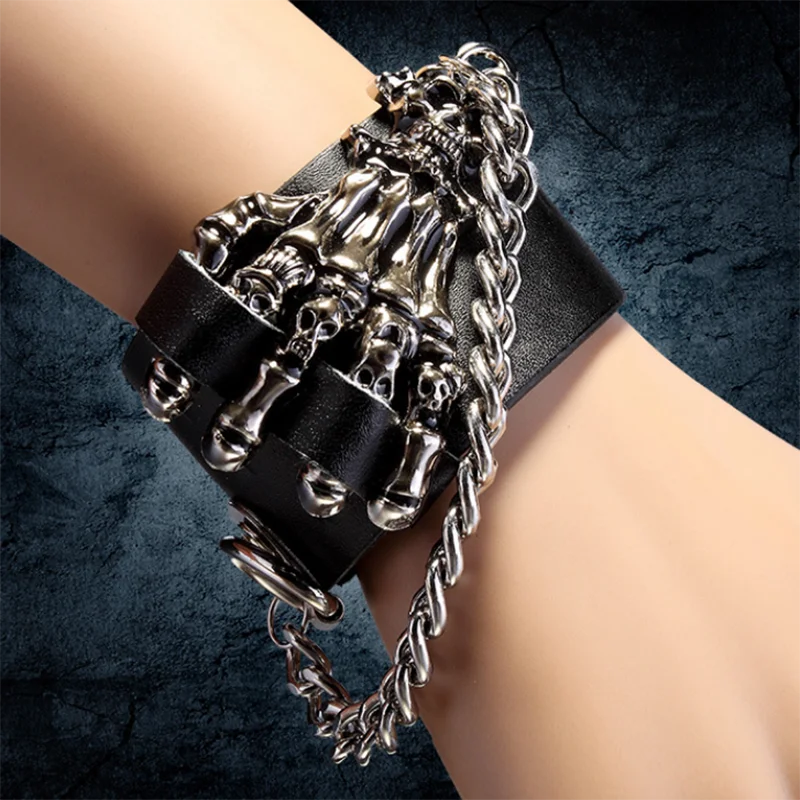 

Широкий браслет из воловьей кожи в стиле Харадзюку с черепом в стиле панк, Скандинавская цепочка с заклепками, дизайнерский браслет с подвесками, регулируемый браслет, ювелирные изделия
