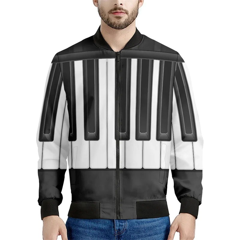 thumbnail image 1 of Nueva moda primavera otoño ropa de diseñador para hombre cuello alto patrón de piano estampado en blanco y negro chaquetas de hombre chaqueta de vuelo, 1 of 4