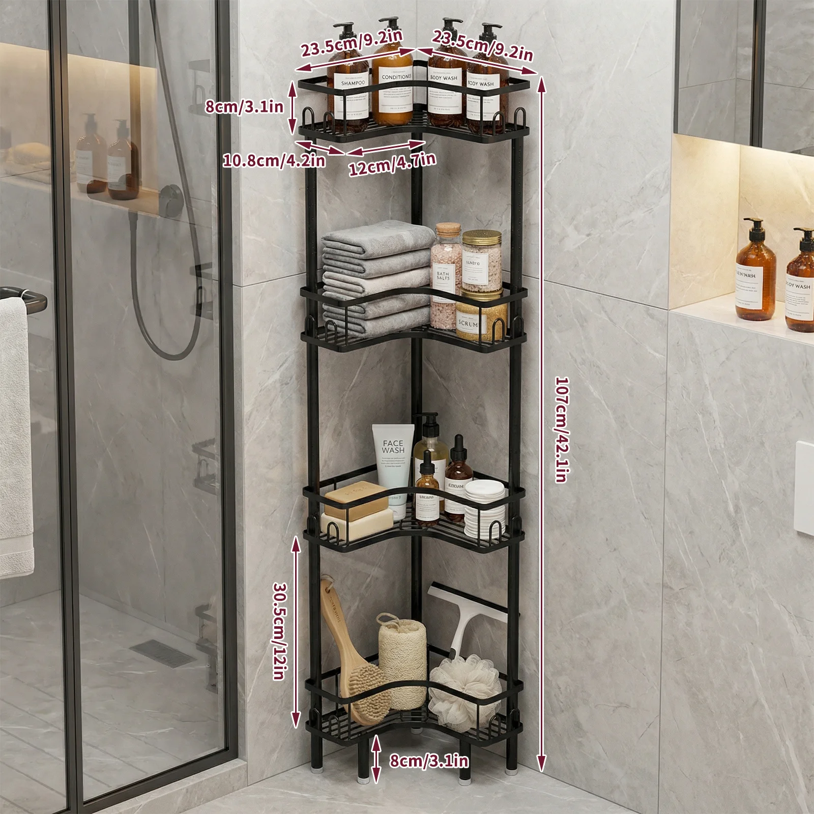 4-stöckiges Eckregal, Metall-Badezimmer-Aufbewahrungsregal für platzsparende Organisation, Aufbewahrungsständer für Badezimmer, Küche, Wohnzimmer – Detail 4