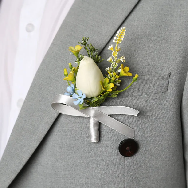 Simulated Flower Corsage Best Man Camellia Daisy Boutonniere White Tulip Rose Silk Flower Brooch Pin Marriage Accessories little cute daisy chrysanthemum flower brooch collar needlesfloral shirt suit cardigan clip fixed clothes anti light buckle pin