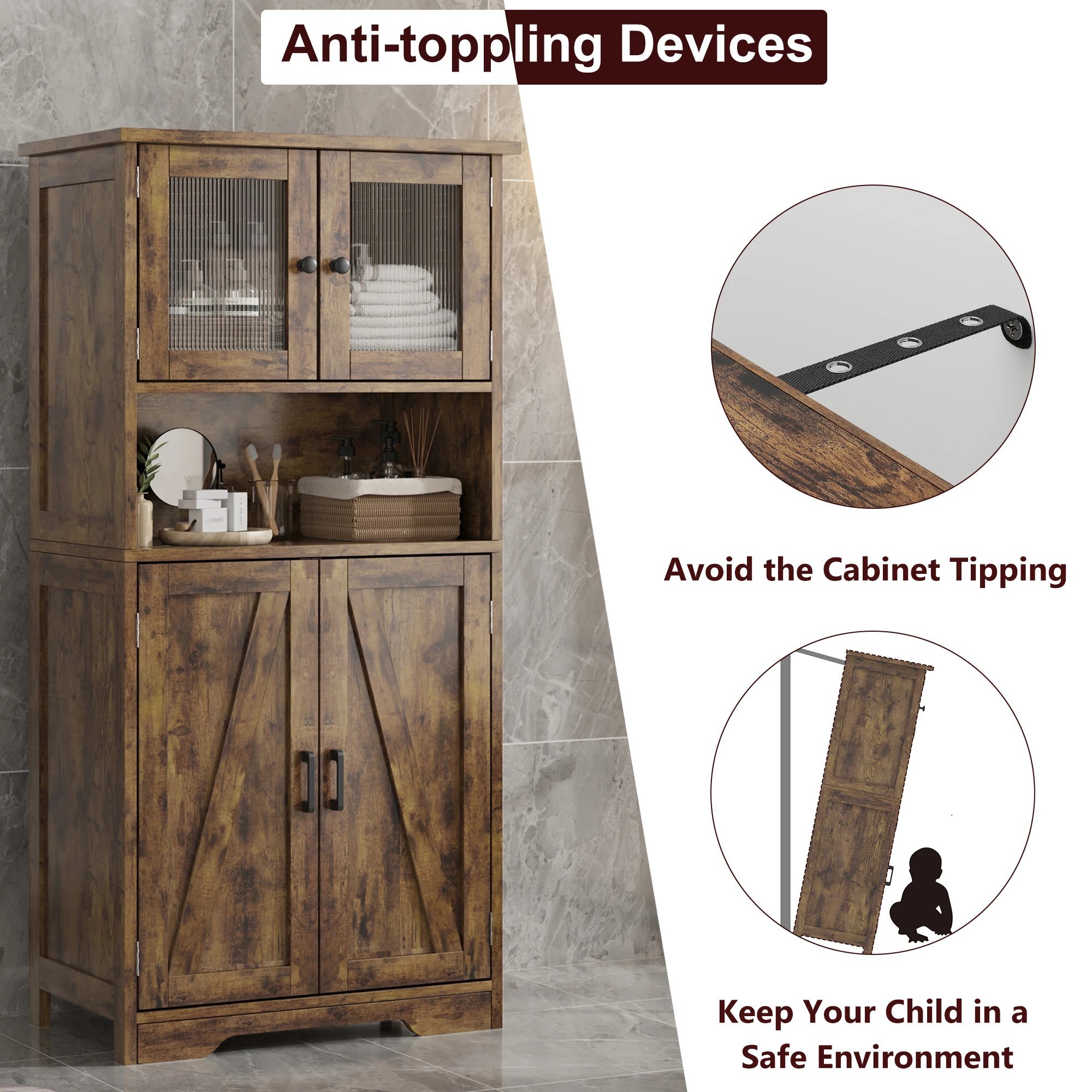 Bathroom Cabinet, White Freestanding Floor Linen Storage Cabinet, Kitchen Pantry Storage Cabinet with Glass Doors