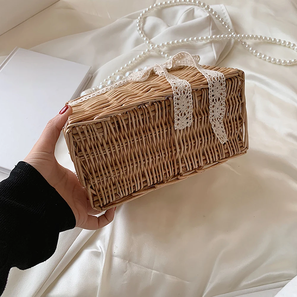 Retro Women Rattan Handbags Woven Lace Pearl Chain Drawstring Small Basket Shoulder Bags Small Beach Women Summer Bags
