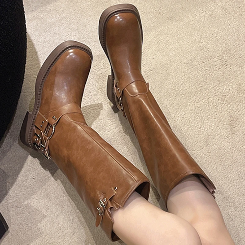 Shoes for Women 2023 Hot Sale Autumn Pull on Knee-High Women's Boots Solid Color Round Toe Platform Water Proof Western Boots