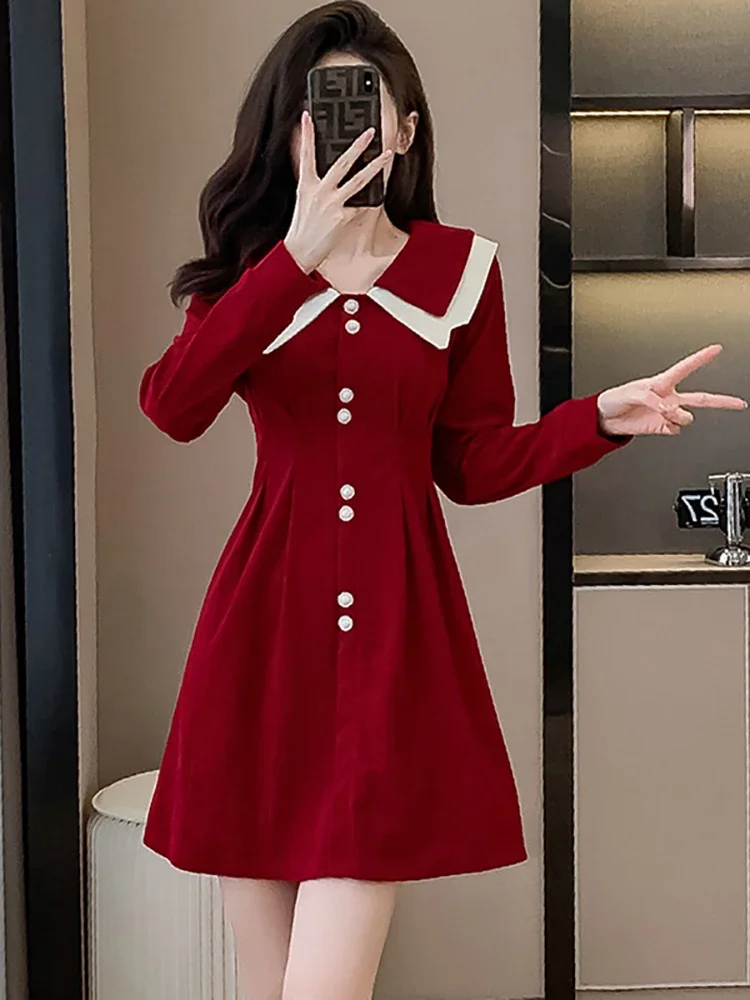 Tavimart Autumn Lace Stitching A-Line Mini Dress Women Fashion Corduroy Elegant Dress Loose Casual Office Ladies Vintage Dresses