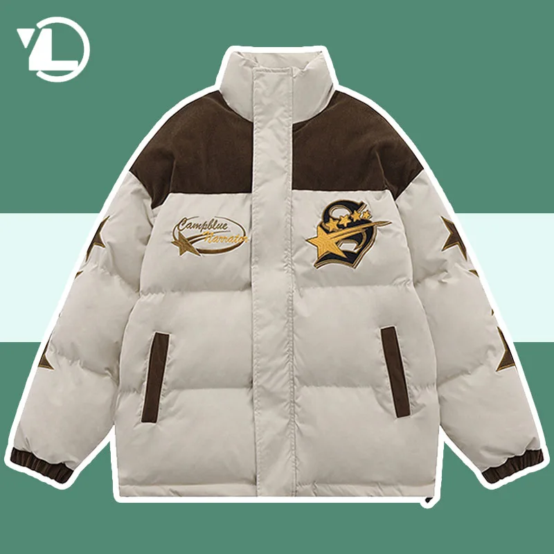 

Harajuku Warm Parkas Men Hip Hop Star Embroidery Patchwork Padded Jackets Women High Street Color Block Oversized Bubble Coats