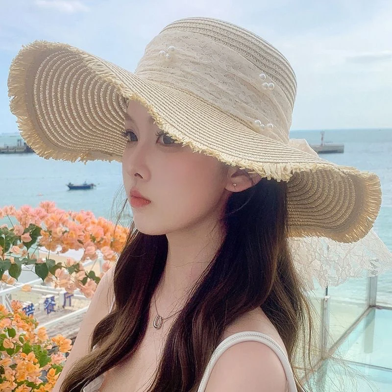 Summer Beach Sunshade Straw Hat Women's Beach Vacation Sunscreen Hat Big Brim Straw Knitted