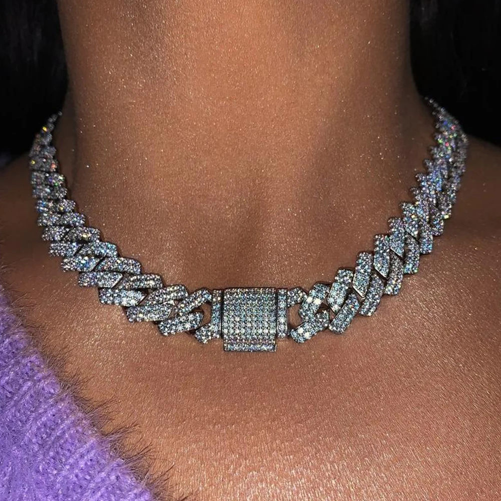 Hip Hop Bling Iced Out 14MM Prong Cuban Chain Necklace for Women Men Paved Rhinestone Square Link Necklace Choker Punk Jewelry