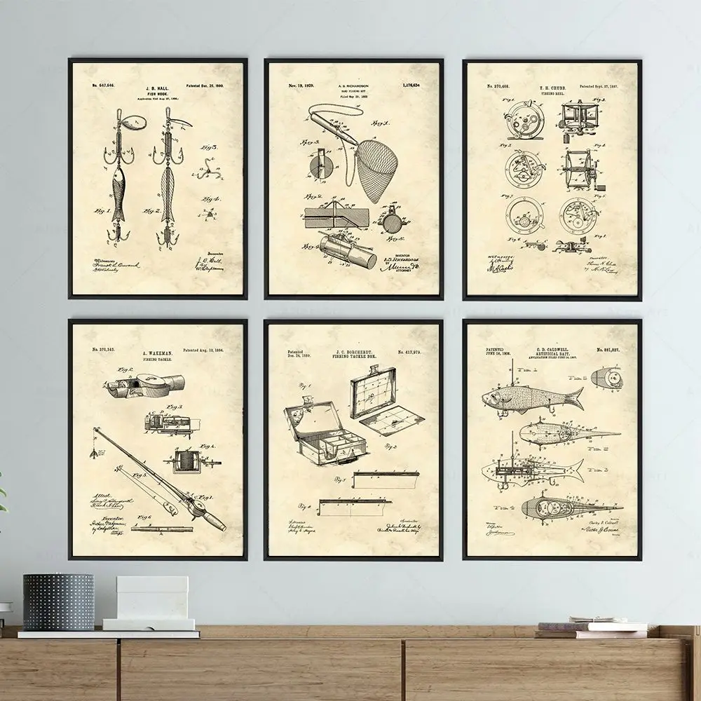 Vintage Fishing Patent Poster Attrezzatura Da Pesca Net Hook Bait Wall Art Pictures Canvas Painting Stampe Room Decor Fisherman Gifts