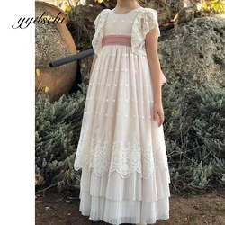 Simple Applique Flower Girl Dress Kids Birthday Short Sleeve Princess Sweetheart Floor Length Wedding Lace Beach Prom Dresses
