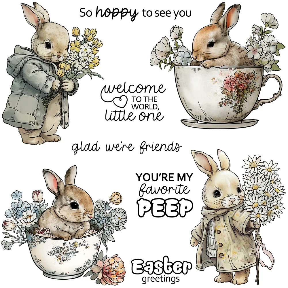 Mangocraft Cute Easter Rabbits In Cups Cutting Dies Clear Stamp Spring Day DIY Scrapbooking Metal Dies Silicone Stamps For Cards