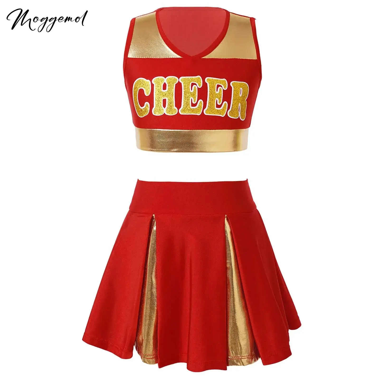 

Kids Girls Cheerleading Outfit Costume 2Pcs Uniform Shiny Bronzing Carnival Party Halloween Cosplay Dress Up Cheerleader Clothes