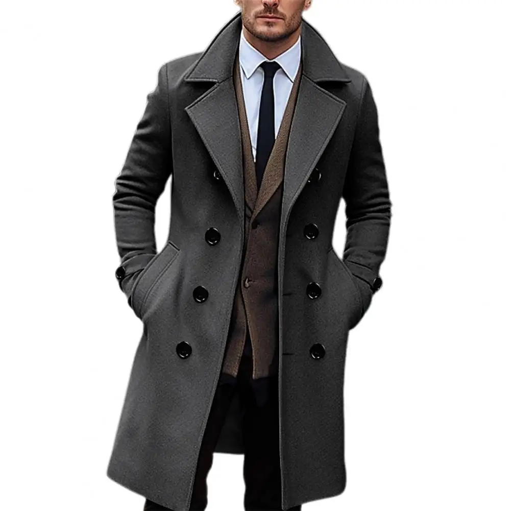 معطف طويل من الصوف للرجال مع جيوب ، طية صدر مزدوجة الصدر ، سترة واقية متوسطة الطول ، ملابس خارجية بأكمام طويلة ، أحادية اللون