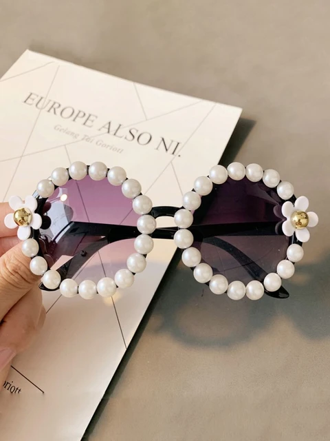 Pearl Round Sunglasses Designer Brand Luxury Women Vintage Glasses