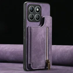 Leather Wallet Case with Zipper Card Pocket and Magnetic Armor Back Shell for Honor X7C 5G (PURPLE)