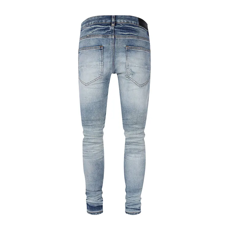 High Street Fashion Men's Elastic Jeans Vintage Blue Slim Fit Perforated Jeans Men's Panel Designer Elastic Hip Hop Brand Pants