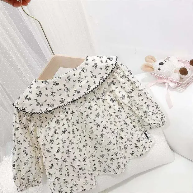 Baby Girls Shirts Floral Long Sleeve Peter Pan Collar Cute Autumn New Korean Style Kids Blouses Clothes