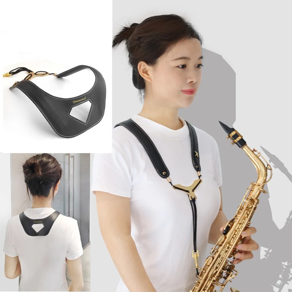 Leather Saxophone Lanyard Saxophone Shoulder Strap Length Adjustable Double Shoulder Harness Strap for Sax Bass Tenor Alto