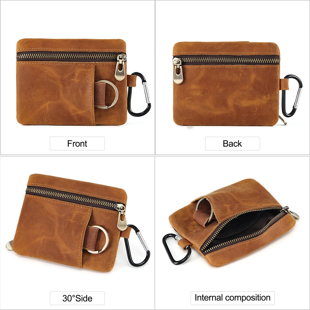 Vintage Crazy Horse Leather Coin Purse With Keychain Men Women Mini Short Wallet Card Holder Change Purse Storage Bag