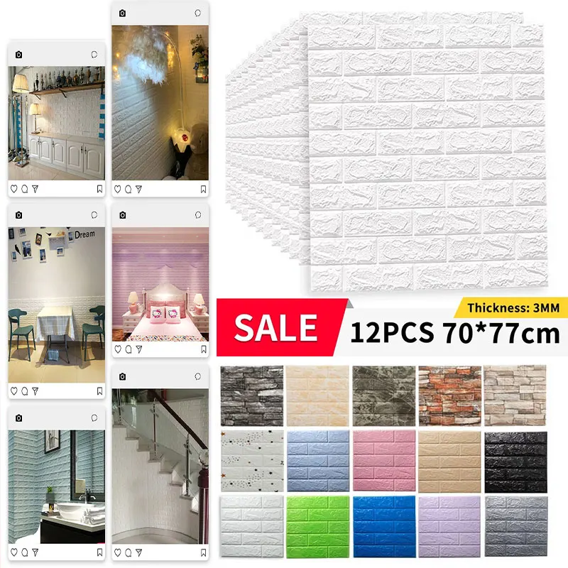 

12 Pcs Self-Adhesive Imitation Brick Sticker 3D Wall Stickers Bedroom Decoration Waterproof Paper 70X77CM DIY Luxury Wallpaper