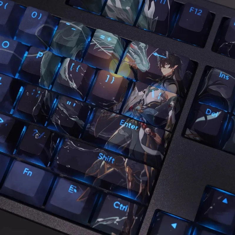 Pbt Backlit Keycaps Conjunto para Anime Gaming Honkai Star Trilho Dan Feng Imbiitor Lunae 61 87 104 108 Chaves - Imagem 4