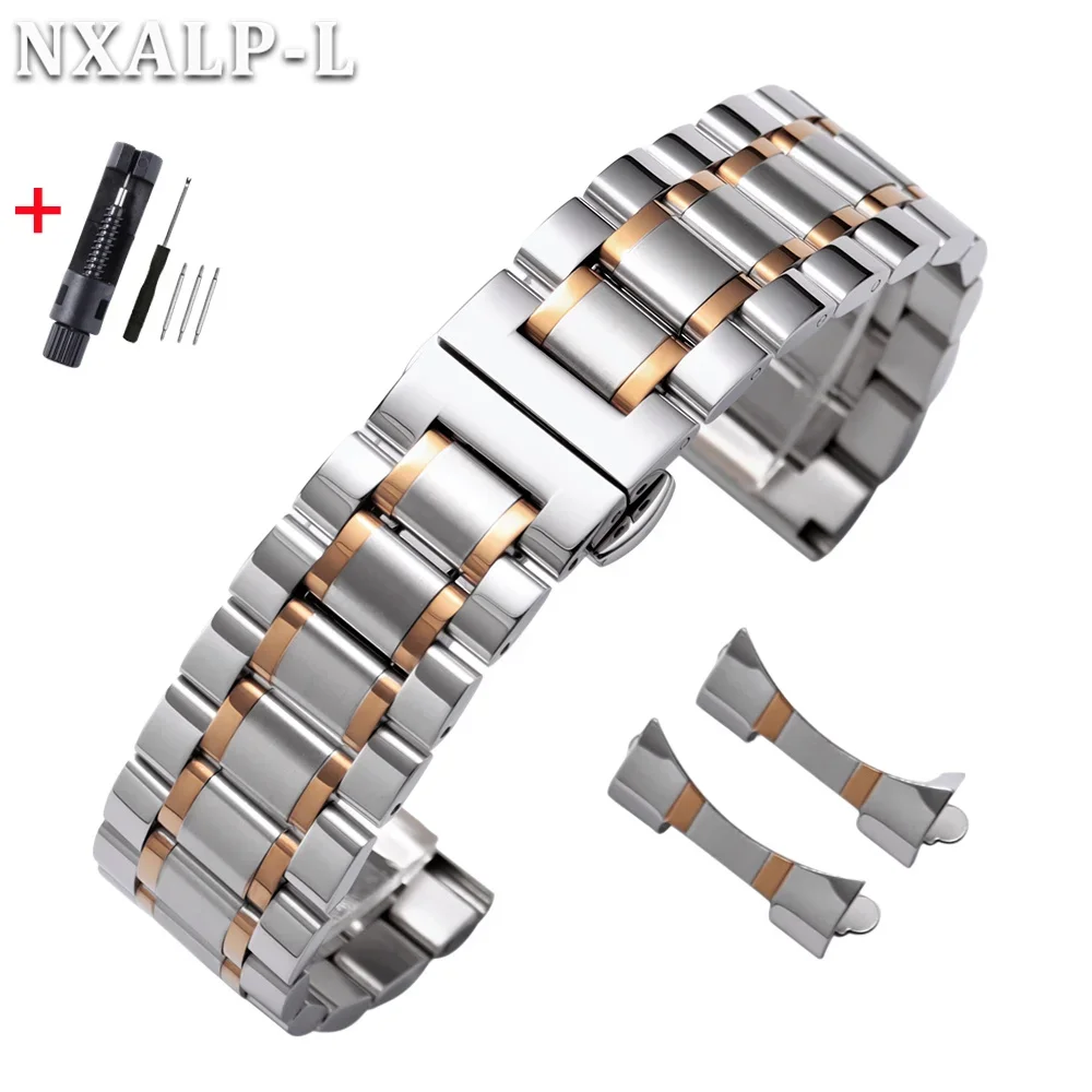 Elegant Curved End Stainless Steel Watch Band with Butterfly Clasp