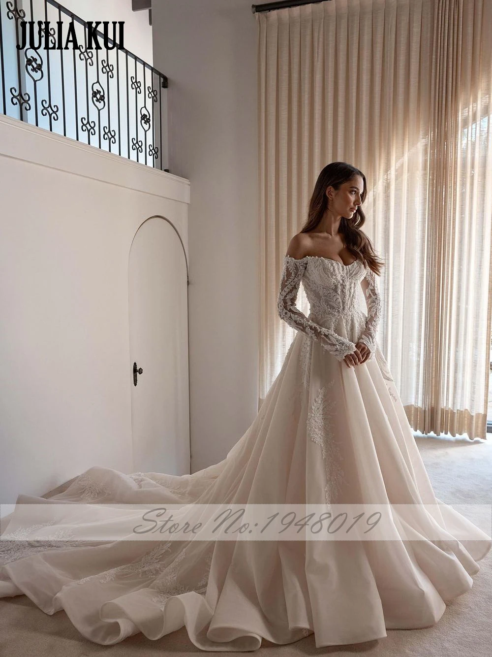 Julia Kui Elegance Tulle Beading Pearls Embroidery Lace A-Line Wedding Dresses Customize Off Shoulder Full Sleeves Bridal Gowns 3
