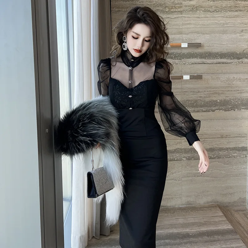 

2024 New Celebrity Mesh High Neck Bubble Sleeves Slim Fit Dress 10202